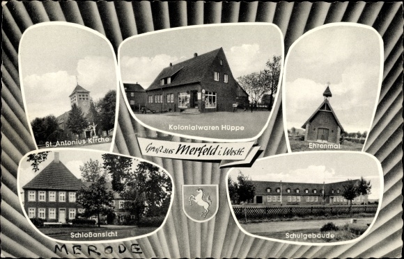 KP Merfeld Dülmen w Münsterland, St. Antoniuskirche, pomnik, sklep spożywczy Hüppe, zamek