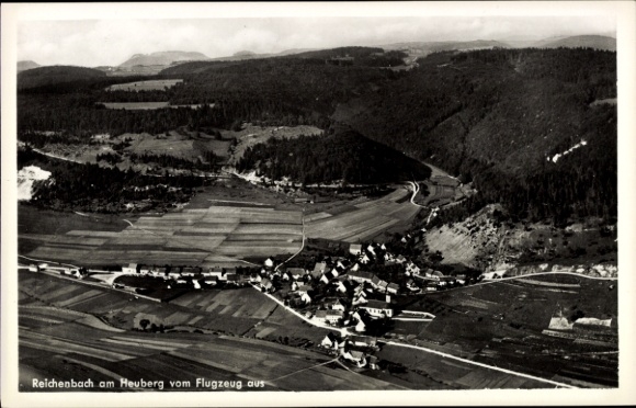Postcard Reichenbach am Heuberg Württemberg, aerial photograph, rural landscape, villages, fields, forests