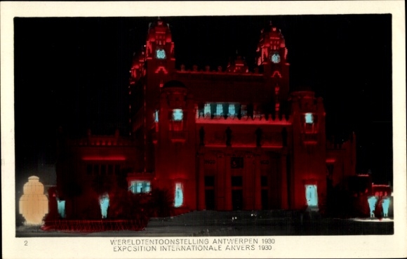 Postcard Anvers Antwerp Flanders, World Exhibition 1930, illuminated building