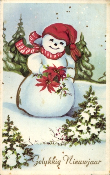Ak Happy New Year, sneeuwpop met muts en sjaal, poinsettiabloemen