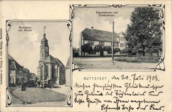 Postcard Buttstädt in Thuringia, market square with church, superindenture with peace linden tree, Buttstädt