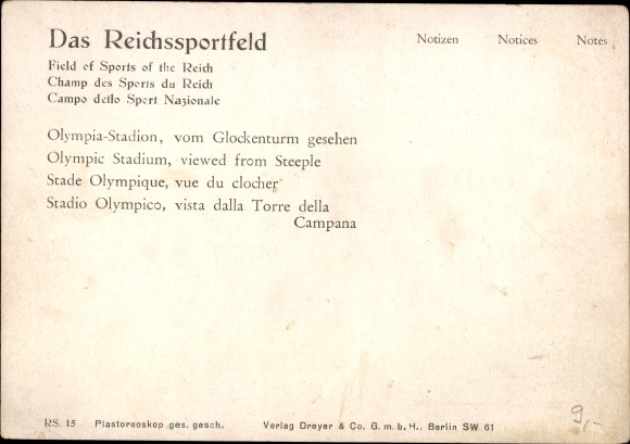 3 D Postcard stereoscopy, Reichssportfeld, Olympia Stadium seen from the bell tower