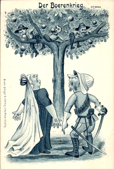 Litho Burenkrieg, Südafrika, England, Königin Victoria, Präsident Krüger, Karikatur