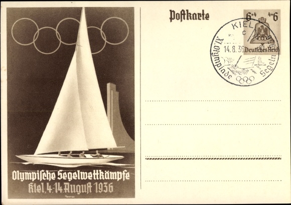 Postal stationery PC Olympic sailing competitions, Kiel, August 4 to 14, 1936