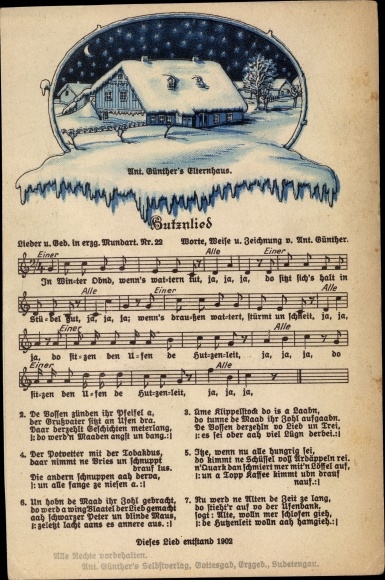 Song Postcard Günther, Anton, Butznlied, parents&#39; house in winter, Ore Mountain dialect No. 22