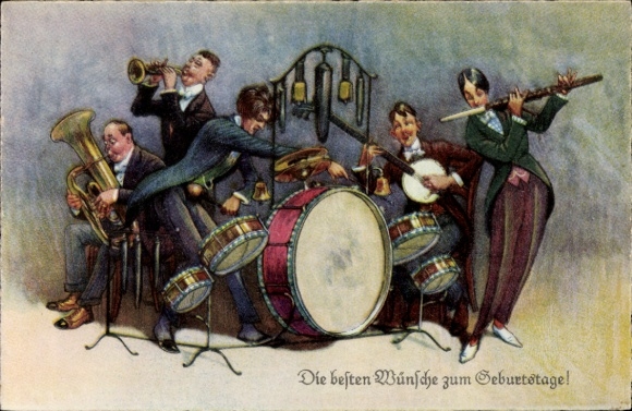 Ak Glückwunsch Geburtstag, Musiker spielen Glückwunschlied, Trommel, Flöte, Banjo, Trompete, Tuba