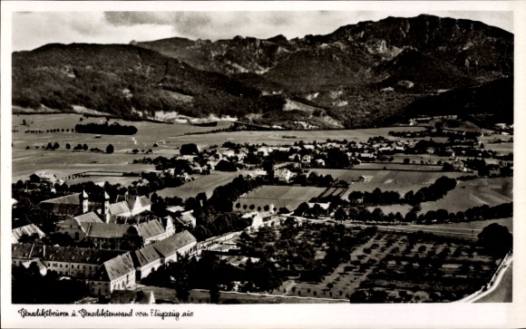 Postcard Benediktbeuren Benediktbeuern in Upper Bavaria, aerial photograph, Benediktenwand