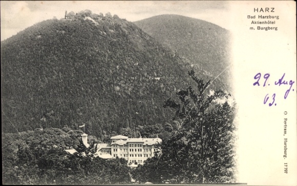 Postcard Bad Harzburg am Harz, Burgberg, Aktienhotel, forest landscape,