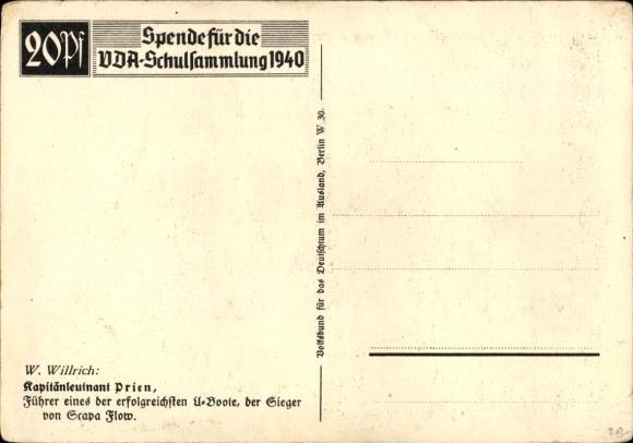 Artist Postcard Willrich, Wolfgang, Lieutenant Commander Günther Prien, Knight's Cross recipient, VDA 1940
