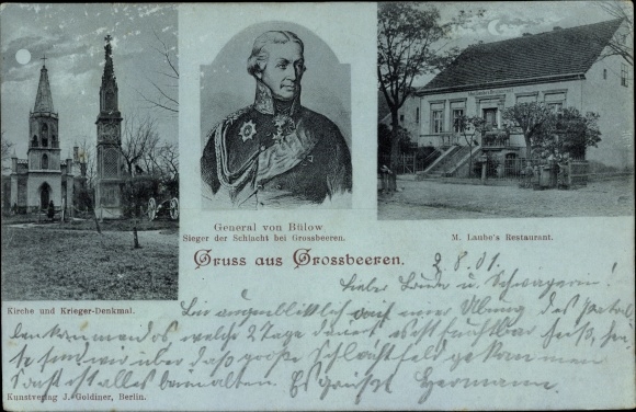 Mondschein Ak Großbeeren in Brandenburg, General von Bülow, Kriegerdenkmal, Restaurant