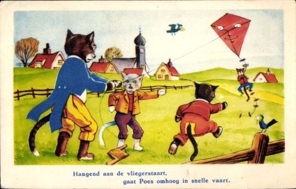 Postcard Humanized cats fly kites, kite sport