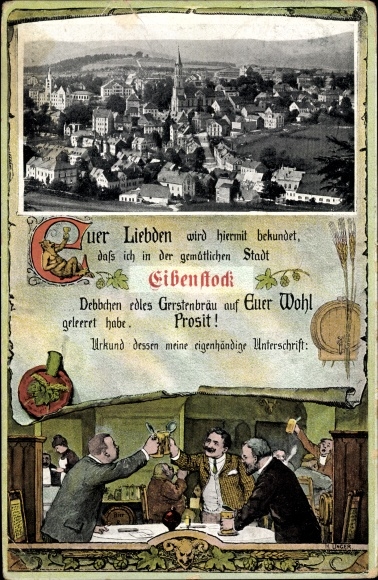 Passepartout PC Eibenstock in the Erzgebirge of Saxony, view of the place, certificate