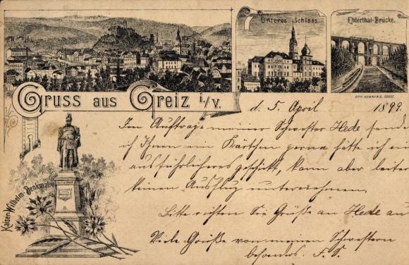 Litho Greiz im Vogtland Thüringen, Unteres Schloss, Esterthal-Brücke, Wilhelm Denkmal,  1899