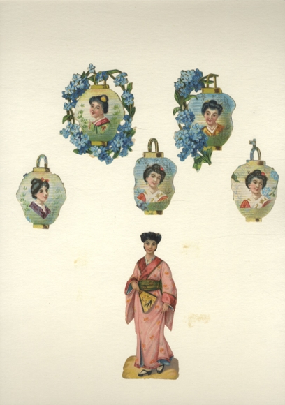 6 wafers Japanese faces in lanterns, woman in kimono and fan, approx. 11 x 5, 7 x 5.5, 5.5 x 3