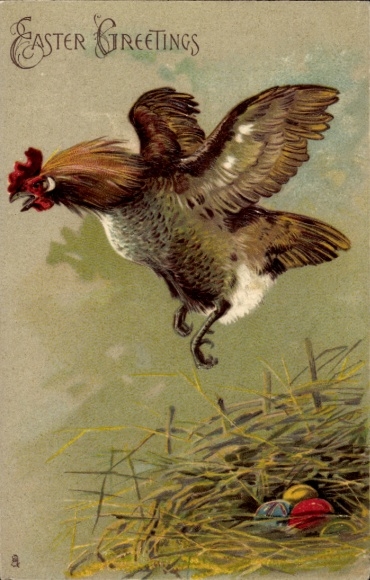 Ak Frohe Ostern, Huhn im Flug, Ostereiernest