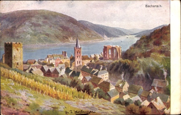 Bacharach am Rhein, river landscape, houses, towers, vineyards