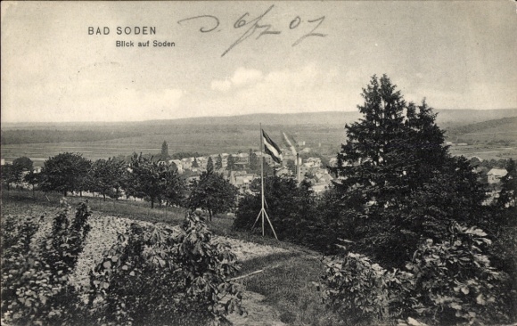 Ak Bad Soden Salmünster in Hessen, zicht op Soden, landschapsaanzicht, vlag zichtbaar
