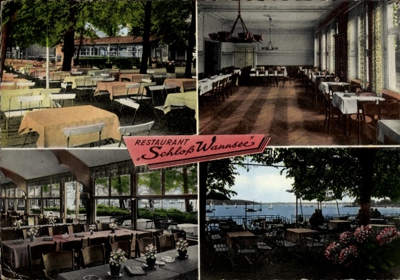 Ak Berlin Zehlendorf Wannsee, Restaurant Schloß Wannsee, Innenräume, Tische, Gartenblick