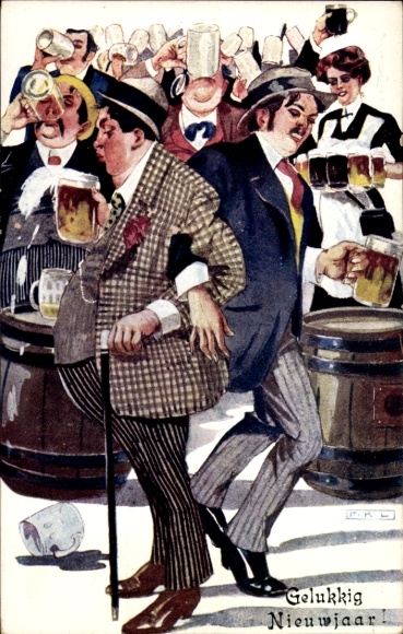 Artist Postcard Happy New Year, Men Drinking Beer, Drunks