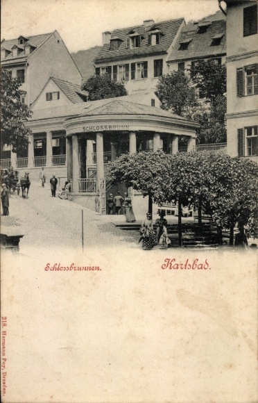 Postcard Karlsbad in Baden, castle fountain, architecture, by Hermann Poy