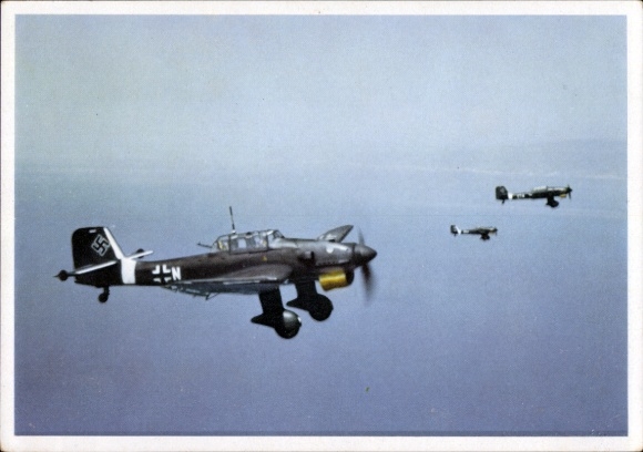 Postcard Luftwaffe, Junkers Ju 87 B-1 Stuka fighter aircraft in enemy flight over the Channel, white fuselage band
