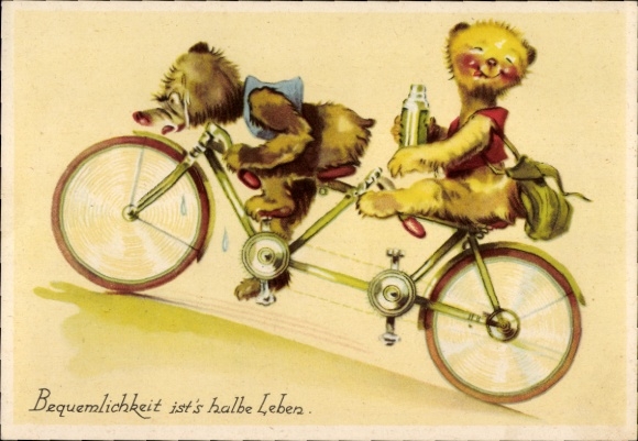 Postcard Two brown bears riding a bike, tandem