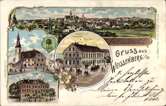 Litho Weißenberg in Sachsen, Rathaus, Schule, Gasthof zum Stadtkeller, Inh. Paul John, Panorama