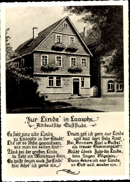 Postcard Bad Laasphe North Rhine Westphalia, Linde, owner Karl Benner, Old German restaurant, poem