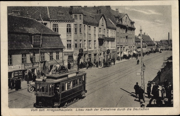 Postcard Liepaja Libau Latvia, city view after capture by the Germans, tram, I WW