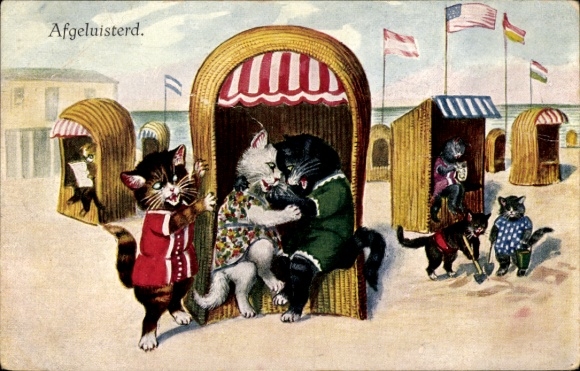 Artist Postcard Kaskeline, F., Cats, Beach, Beach Chairs, Eavesdropped