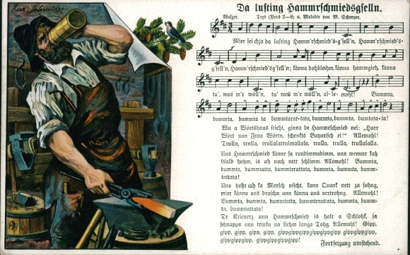 Song artist Postcard Schneider, Rud., Because lusting Hammrschmiedsgselln, blacksmith drinks beer