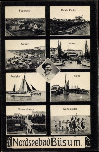 Ak Noordzeebadplaats Büsum, dijk, haven, strand, strandweg, wadden