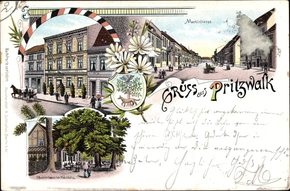Coat of arms Chromo-Litho Pritzwalk in the Prignitz, Marktstraße, forester&#39;s house in Hainholz