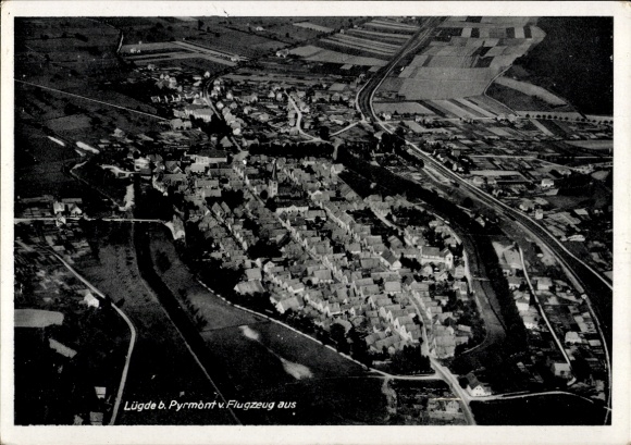 Postcard Lügde in the Weserbergland, aerial photograph, restaurant Schrupp