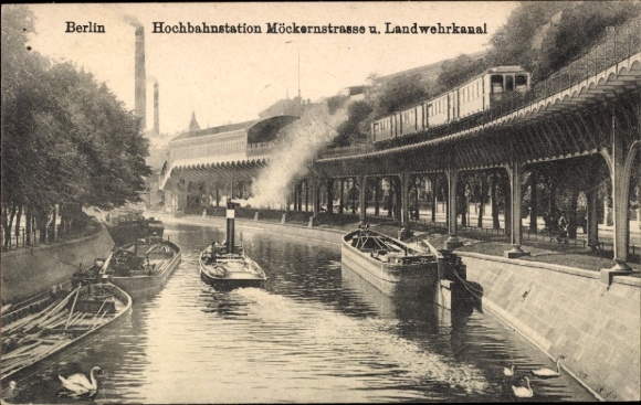 Ak Berlin Kreuzberg, verhoogd treinstation Möckernstraße, Landwehrkanal