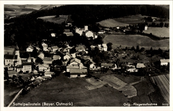 Postcard Sattelpeilnstein Traitsching in the Bavarian Forest, aerial photograph, Schloss Brauerei