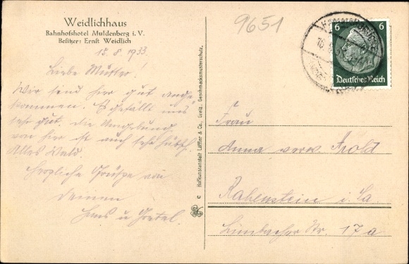 Postcard Muldenberg Grünbach in Vogtland Saxony, Bahnhofshotel Weidlichhaus