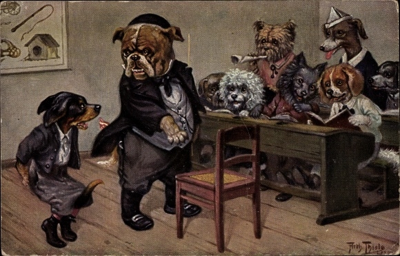 Artist Postcard Thiele, Arthur, humanized dogs in school, bulldog, dachshund