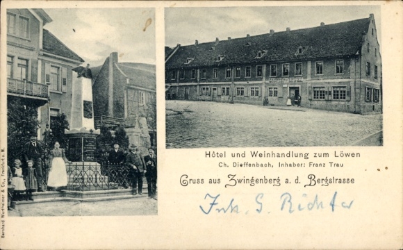 Postcard Zwingenberg on the Bergstrasse in Hesse, Hotel and wine shop Zum Löwen, monument