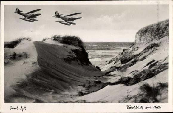 Ak Duitse luchtmacht, gevechtsvliegtuig, watervliegtuig, Sylt Island, duinen