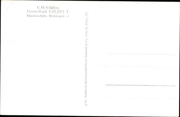 Postcard CH Schäfers Circus Stadt Liliput, Munich Solln, Memlingstraße 11, pony, group photo