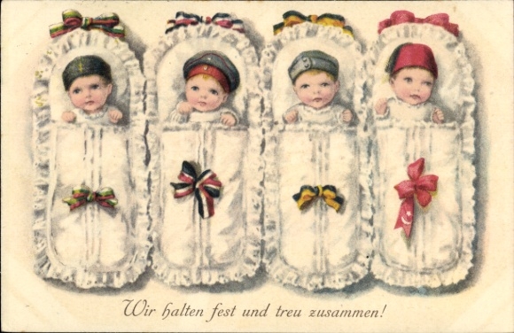 Postcard We hold on tight and trust together, small children in uniform, Quadruple Alliance, WWI