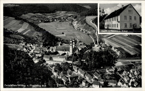 Postcard Zwiefalten in Württemberg, aerial photograph, Gasthof and Pension zum Kreuz