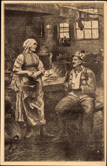 Artist Postcard Kienmayer, Franz, Back Home, Imperial Soldier, Living Room