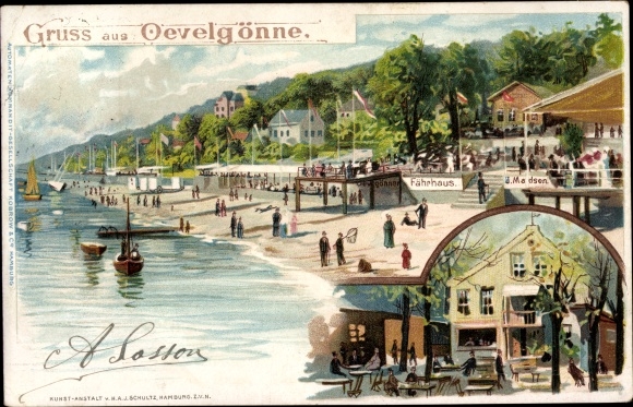 Chromo-Litho Hamburg Altona Othmarschen Oevelgönne, ferry house, inn