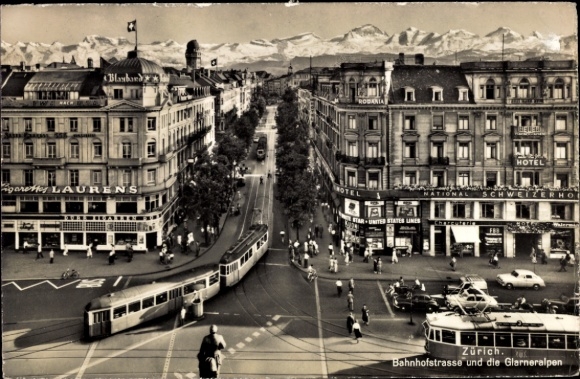 KP Zurich City Switzerland, Bahnhofstrasse, Alpy Glarus, Tramwaj, Hotel Narodowy