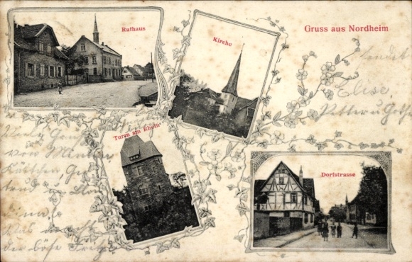 Postcard Nordheim am Neckar, town hall, church, ferry tower, village street