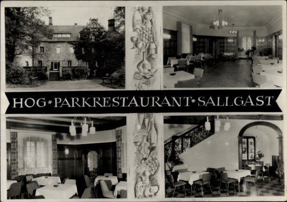Ak Sallgast in der Niederlausitz, HOG Parkrestaurant Sallgast, Innenansicht und Außenansicht