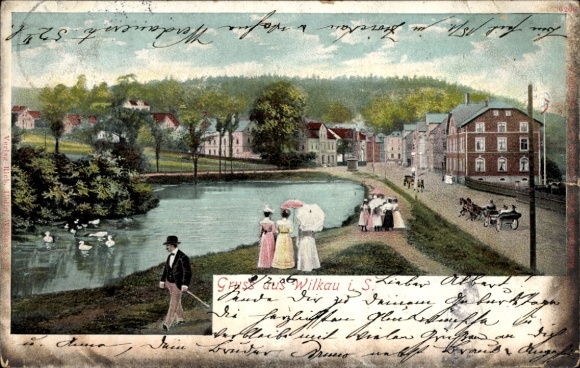 Postcard Wilkau in Saxony, street section at the pond