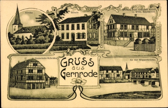 Ansichtkaart Gernrode Quedlinburg in het Harzgebergte, kerk, school, dorpsherberg, Wipperbrug, pension, Gouden Kruis